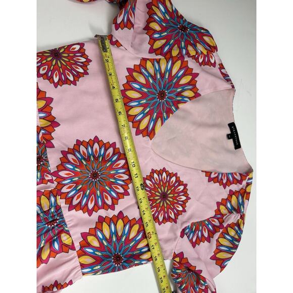 GibsonLook Mandala Mini Dress Pink Multi V Neck Boho Ruffle Hem xs - Picture 6 of 9